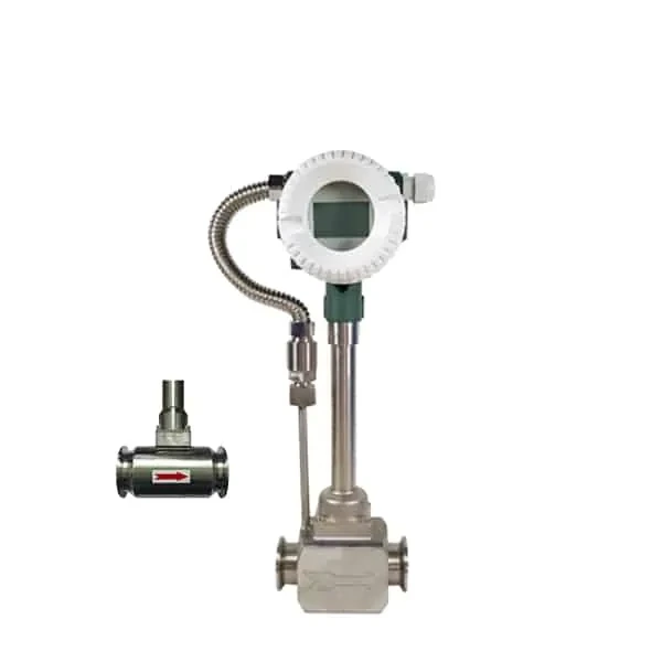 Sanitary vortex flow meter with tri-clamp connections, polished stainless steel body and LCD head