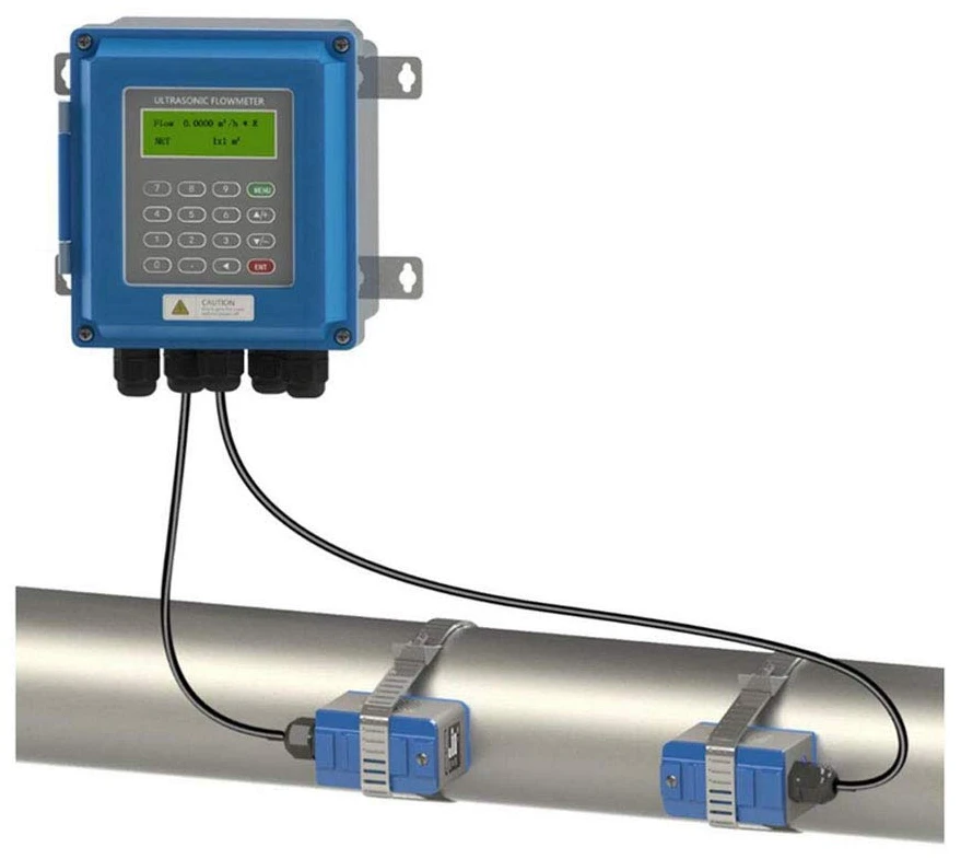 Wall-mounted ultrasonic flow meter transmitter reading in m3/h, wired to two clamp-on transducers strapped to a stainless steel pipe
