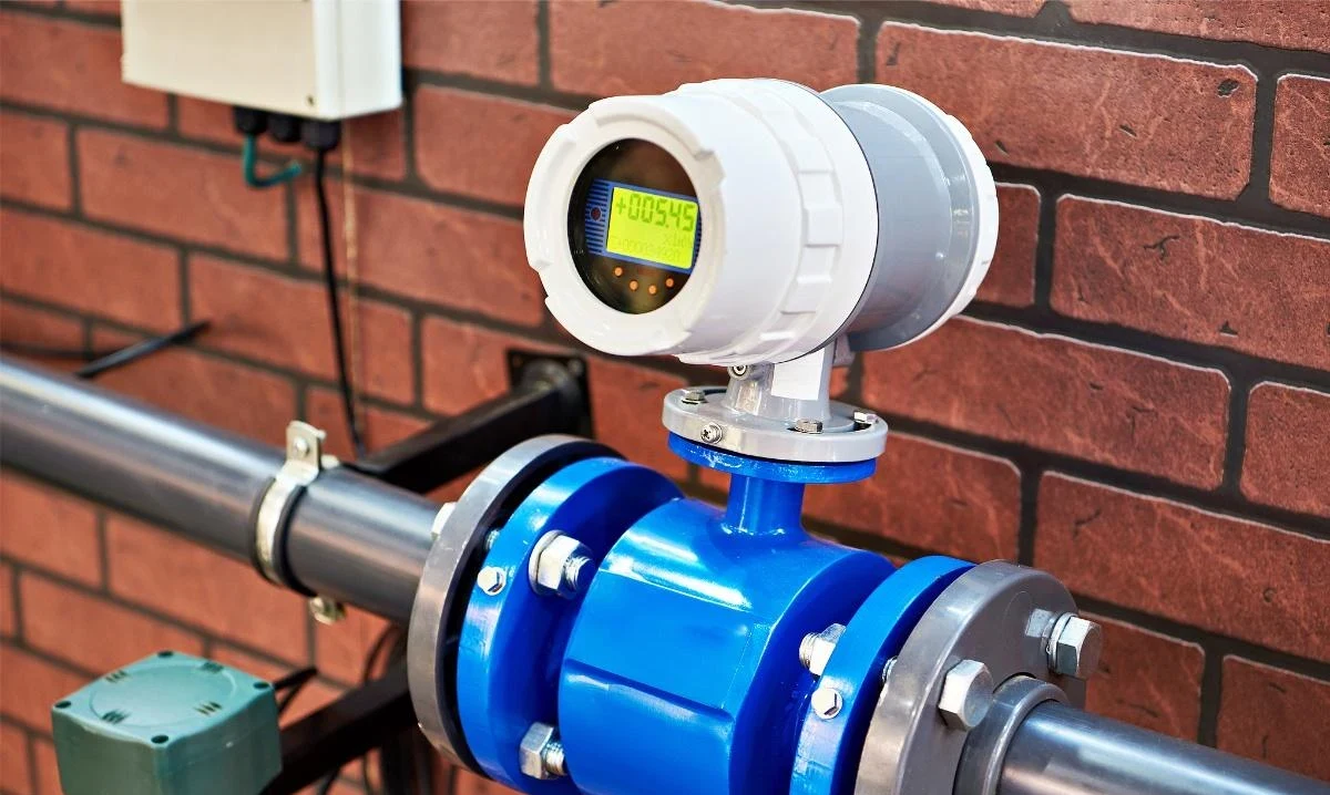 Magnetic flow meter installed on a process line, its LCD display reading the flow in the unit configured at ordering