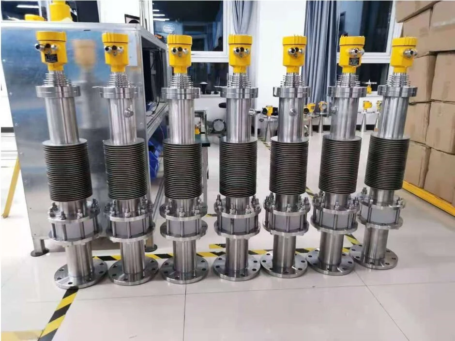 Seven high temperature radar level transmitters with finned cooling standoffs and flange connections