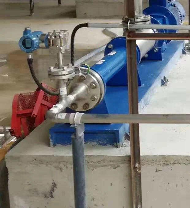 Pressure transmitter mounted upright on a standoff at a pump discharge line, with the cable looped below the entry gland