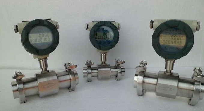 Three tri-clamp sanitary turbine flow meters with digital displays
