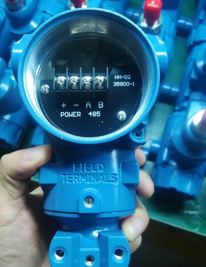 Open field terminal compartment of a pressure transmitter showing the power and signal terminals