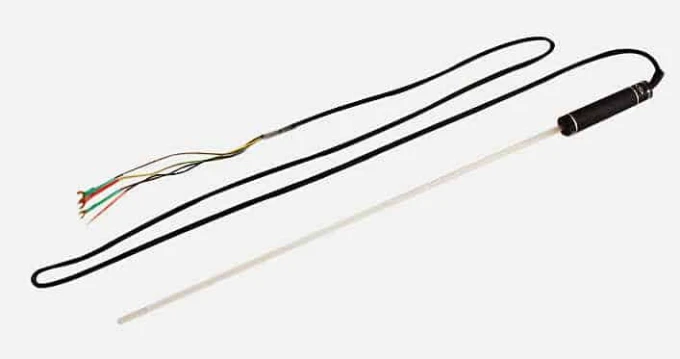 Platinum rhodium thermocouple assembly with a white ceramic protection tube and fiberglass insulated lead wires