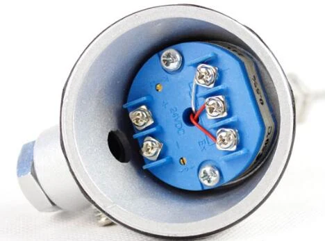 Opened sensor connection head showing a blue head-mount temperature transmitter with screw terminals and 24 VDC marking