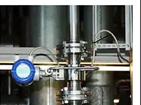 Wafer flow meter flanged into a vertical process line inside a plant